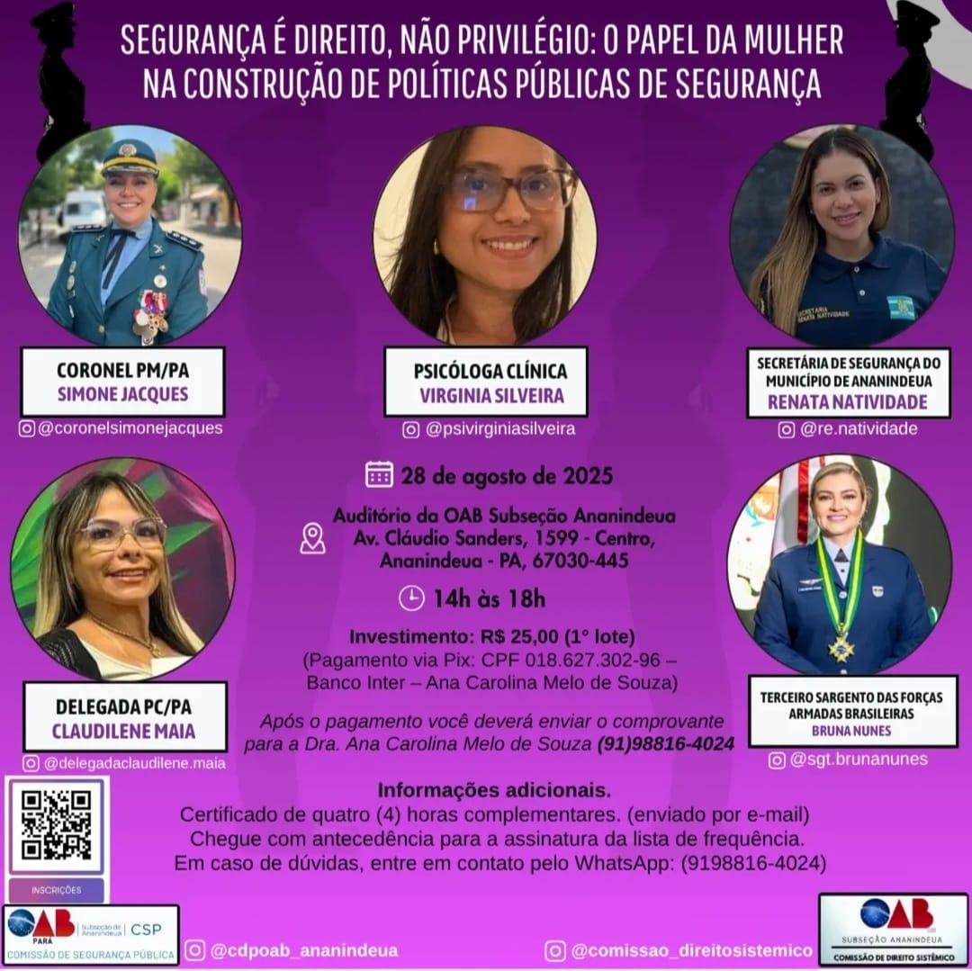 CSPOAB-Ananindeua realizará palestra com tema “Segurança é Direito. Não privilégio: O papel da Mulher na Construção de Políticas Públicas de Segurança”
