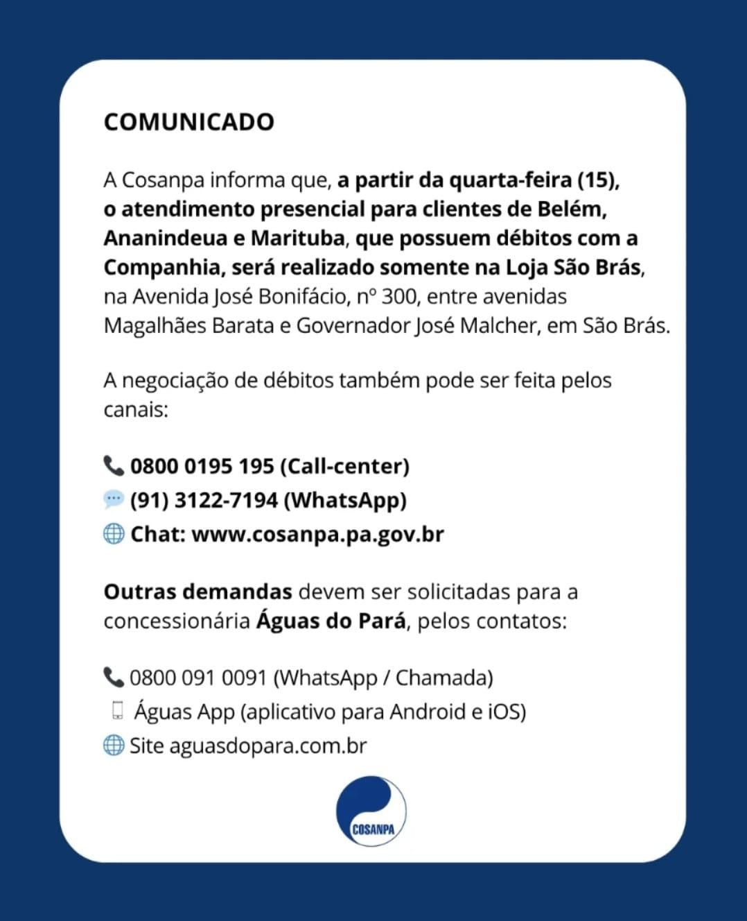 COMUNICADO COSAMPA - Companhia de Saneamento do Pará